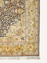 Load image into Gallery viewer, Corner shot of a Yellow Golden Silk kashmiri carpets.