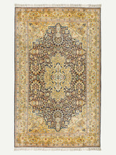 Load image into Gallery viewer, Full shot of a Yellow Golden Handknotted Kashmiri Carpet in Silk.
