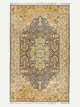 Load image into Gallery viewer, Full shot of a Yellow Golden Handknotted Kashmiri Carpet in Silk.