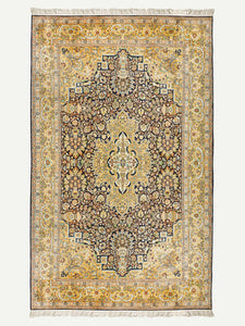 Full shot of a Yellow Golden Handknotted Kashmiri Carpet in Silk.