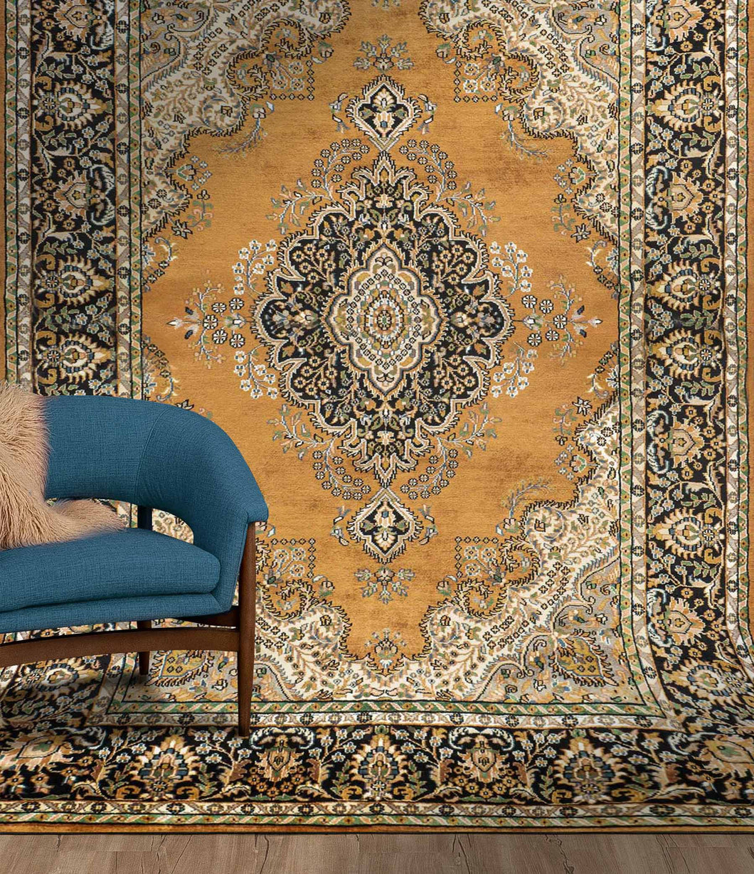 Full shot of a botemir design hand knotted Indian carpet also known as a oriental rug, in a room setting.