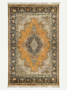 Full shot of a botemir design hand knotted Indian carpet also known as a oriental rug.