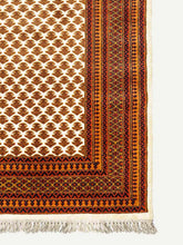 Load image into Gallery viewer, Corner shot of a botemir design hand knotted Indian carpet also known as a oriental rug.
