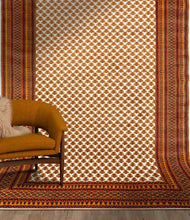 Load image into Gallery viewer, Full shot of a botemir design hand knotted Indian carpet also known as a oriental rug, in a room setting.
