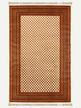 Load image into Gallery viewer, Full shot of a botemir design hand knotted Indian carpet also known as a oriental rug.
