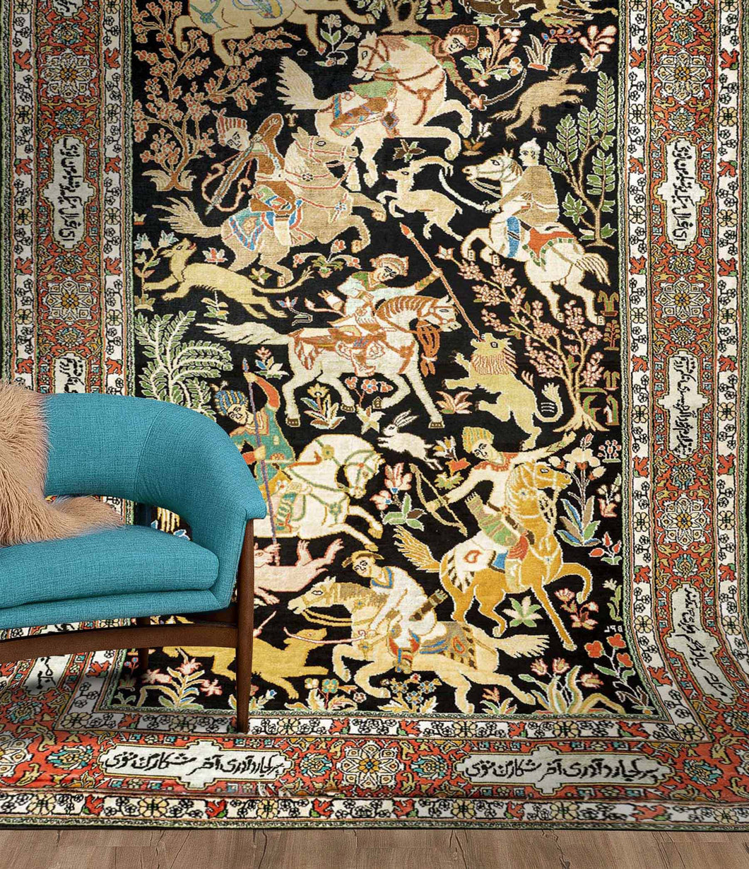 Royal Hunt Vintage Kashmiri Carpet - The Verasaa Collections