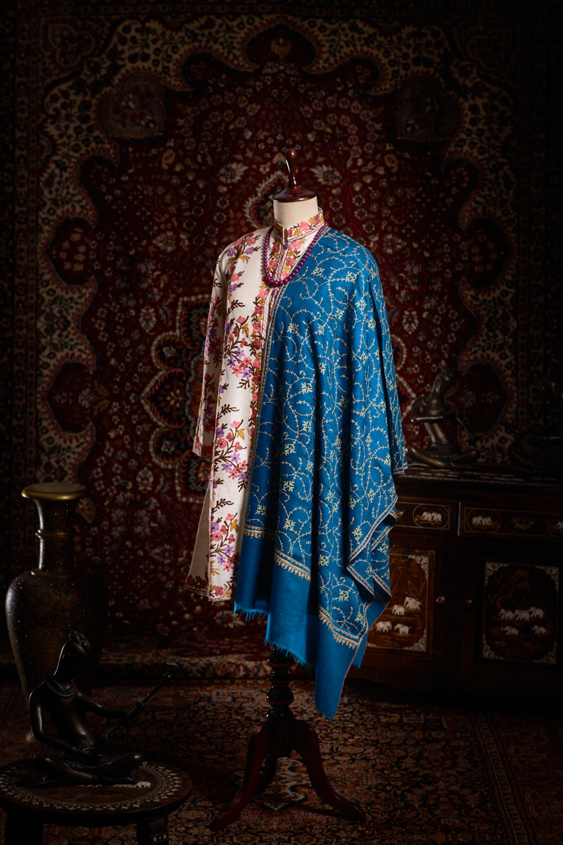 Blue Vines Jaali Kashmiri Pashmina Stole - The Verasaa Collections