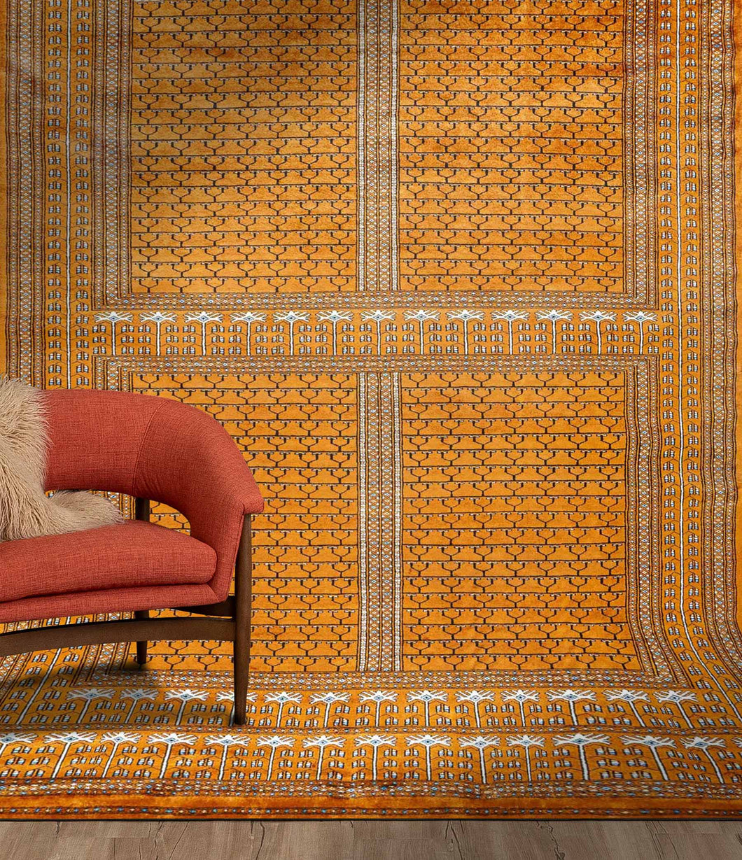 Full shot of a botemir design hand knotted Indian carpet also known as a oriental rug, in a room setting.