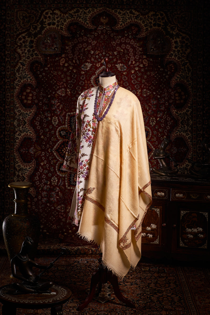 Beige Pansy Kashmiri Pashmina Stole - The Verasaa Collections