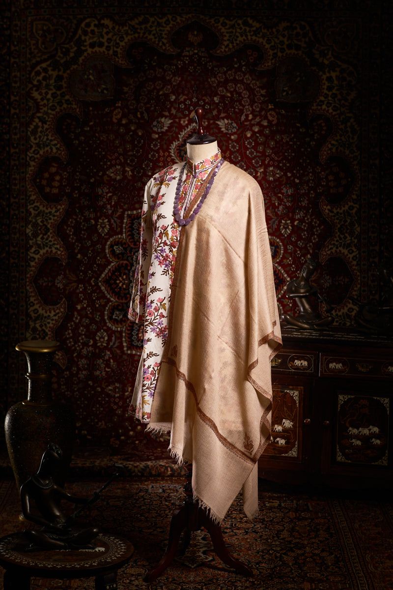 Tan Brown Pansy Kashmiri Pashmina Stole - The Verasaa Collections