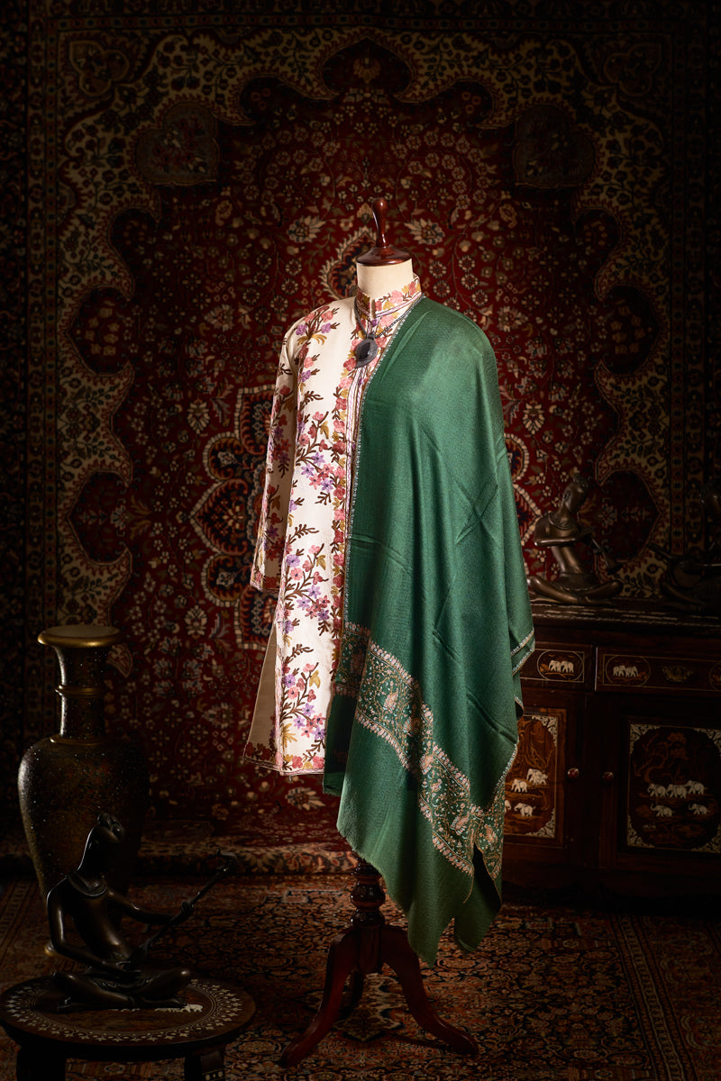 Green Mughal Kashmiri Pashmina Stole - The Verasaa Collections