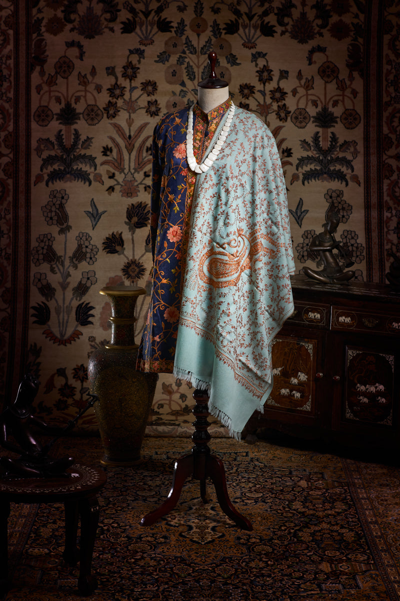 Teal Paisley Freesia Jaali Toosha Kashmiri Stole - The Verasaa Collections