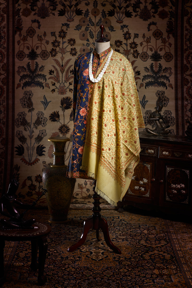 Amaranthus Yellow Jaali Toosha Kashmiri Stole - The Verasaa Collections